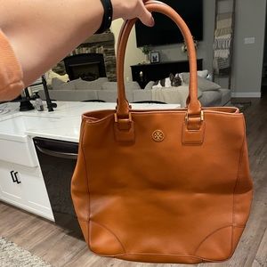 Tory Burch tote. Cognac color. Linen material on inside. Lightly used.